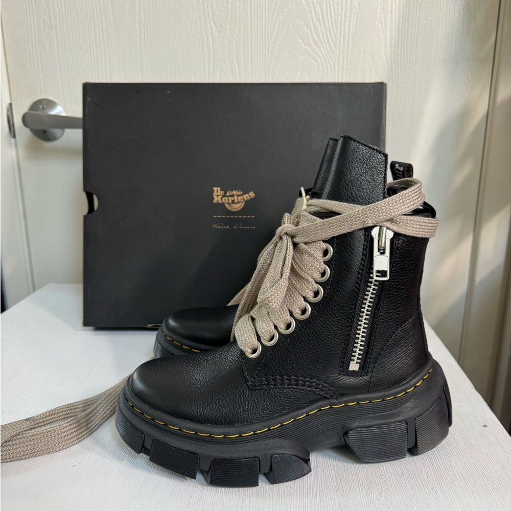 Dr. Martens Black Leather Boots with Beige Laces
